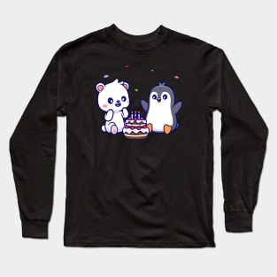 Cute Polar Bear And Penguin With Birthday Cake Cartoon Long Sleeve T-Shirt